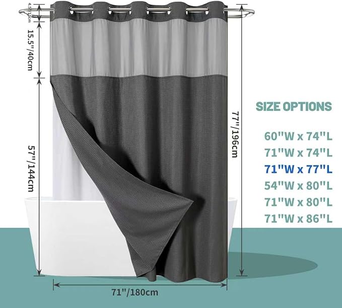 eachope Charcoal Grey No Hook Waffle Weave Shower Curtain with snap-in Liner Replacement, 230GSM Waterproof Fabric Hotel Shower Curtain Set for Bathroom, Through Mesh Top Window,71Wx77H
