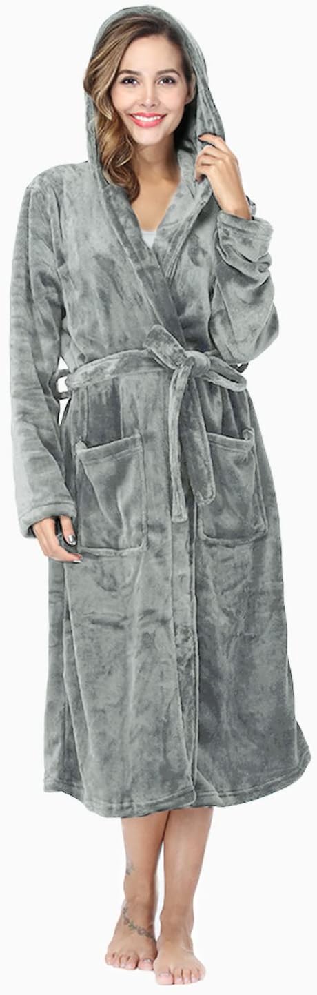 RONGTAI Womens Robes Plush Fleece Hooded Bathrobe Thick Nightgown with Pockets Fluffy Sleepwear