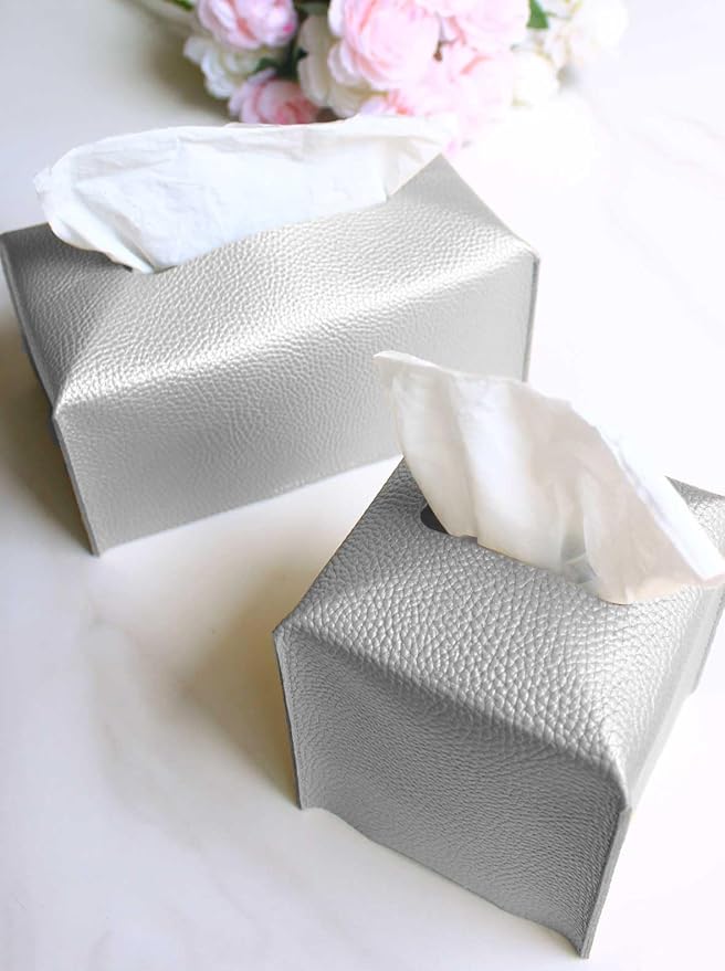 Silver Tissue Box Cover Rectangular - Plus Size Large Tissue Box Cover Rectangle [JESMINI] Faux Leather Tissue Box Holder Long for Extra Large Rectangle Facial Tissue Box