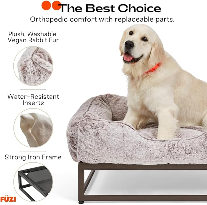 FUZI Elevated Dog Bed Small with Extra Cover, Luxury Raised Dog Beds, Removable and Machine Washable Bed Cover, Indoor/Outdoor Orthopedic Pet Bed, Small 25.1x16.75x18 Soft White & Dark Brown Base