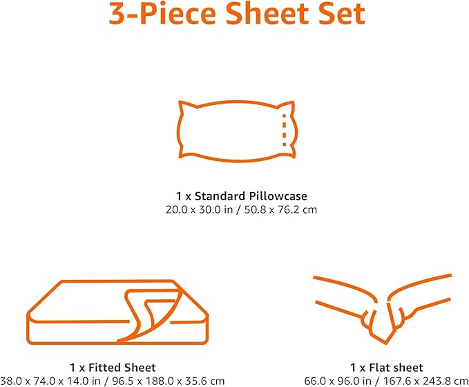 Amazon Basics 3 Piece Bed Sheet Set, 100% Cotton Jersey, Includes Super Soft, Flat and Fitted Sheets, Pillowcase, Twin, White, Solid
