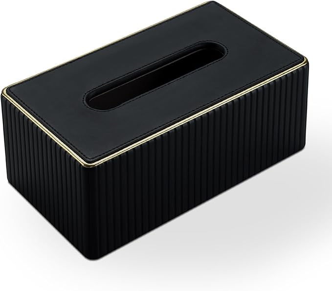 KINGFOM Rectangular Tissue Box Cover, PU Leather Tissue Box Holder with Magnetic Bottom, Napkin & Facial Tissue Holder Dispenser Decorative Box Cover for 120-count (3-Ply) 160-count (2-Ply) Black
