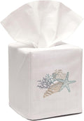 Jacaranda Living Square Tissue Box Cover, Linen/Cotton Fabric Tissue Holder, Decorative Cloth Tissue Cube Cover, Coastal Designs Shell Collection (Duck Egg Blue)