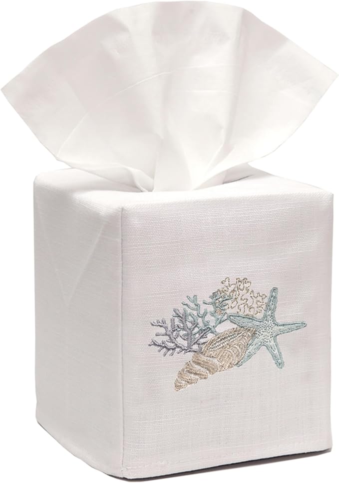 Jacaranda Living Square Tissue Box Cover, Linen/Cotton Fabric Tissue Holder, Decorative Cloth Tissue Cube Cover, Coastal Designs Shell Collection (Duck Egg Blue)