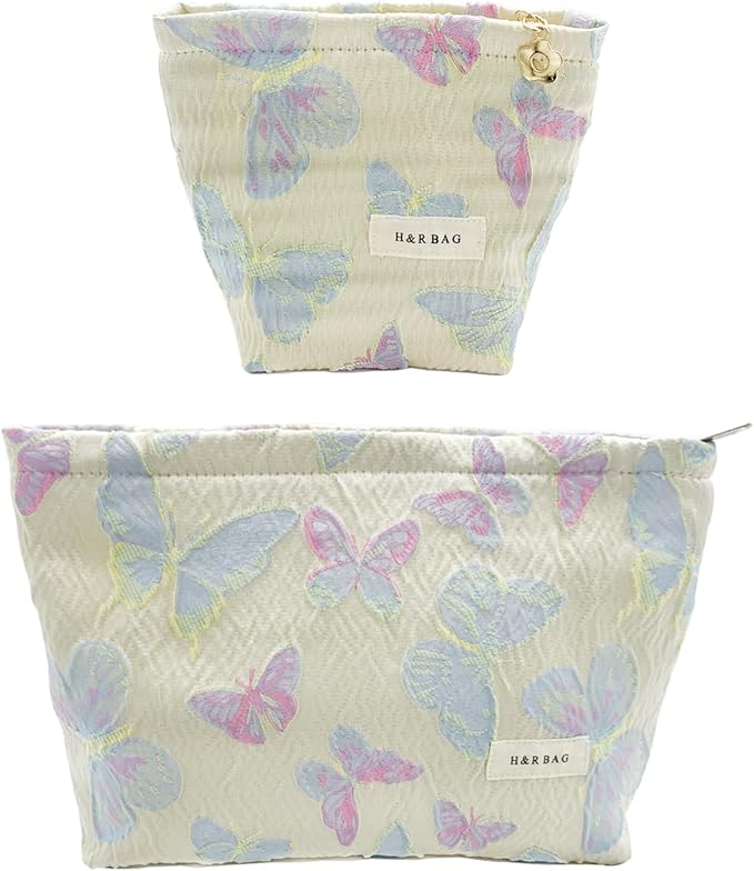 getgto 2 Pcs Makeup Bags, Large Cosmetic Bag Travel Toiletry Bag Organizer for Women, Embroidery Craft, Floral Makeup Bag Small Cosmetic Pouch Purse with Zipper Gifts for Girls Teen