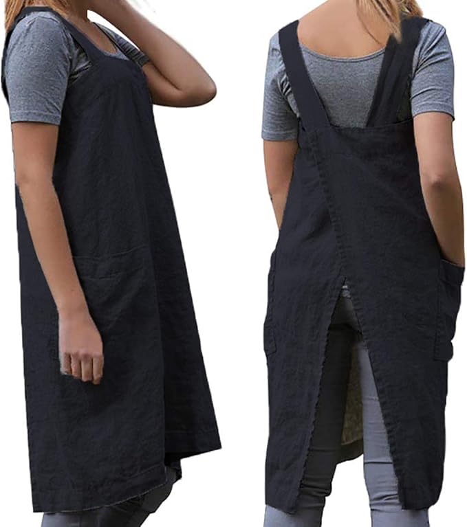 Women's Practical Cross Back Pinafore Apron with Large Pockets Home Kitchen,Restaurant,Coffee house,Cooking Gardening Works