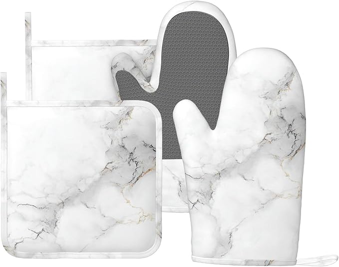 Oven Mitts Pot Holders Set White Marble Gray Silicone Kitchen Gloves Potholders Heat Resistant for Chef Baking Cooking Grilling BBQ 4 Pack Mitt
