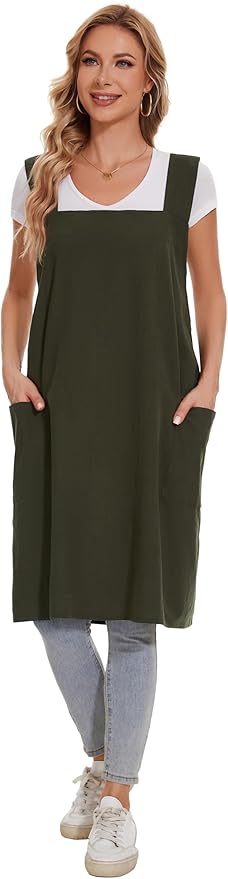 Linen Cotton Aprons for Women Smock Cross-Back Apron with Pockets