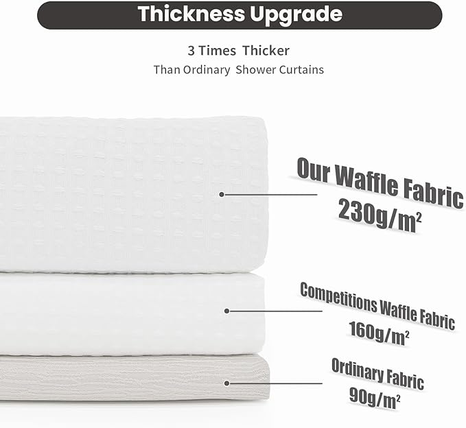 Inhousolu No Hook Waffle Weave Shower Curtain with Removable Snap in Fabric Liner Set for Bathroom, 230 GSM Heavy Duty Weighted Hem, Water Repellent Washable Bath Curtains, 60 x 72 Inch, White