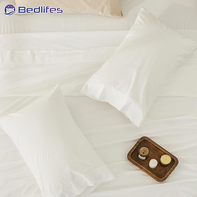 Bedlifes 100% French Pure Linen Sheets Queen Size Breathable and Cooling Flax Sheet Set Soft Durable and Moisture Wicking 16 Inch Deep Pocket-4 Piece(Queen,White)