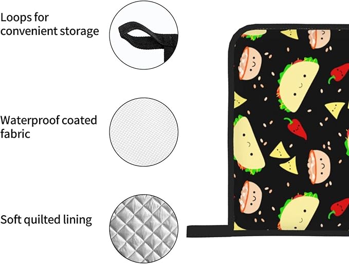 Kawaii Taco Patterned Oven Mitts and Pot Holders Set of 4, Oven Mittens and Potholders Heat Resistant Gloves for Kitchen Cooking Baking Grilling BBQ