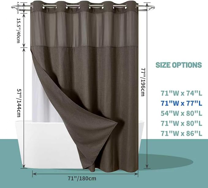 eachope Brown No Hook Waffle Weave Shower Curtain with snap-in Liner Replacement, 230GSM Waterproof Fabric Hotel Shower Curtain Set for Bathroom, Through Mesh Top Window,71Wx77H