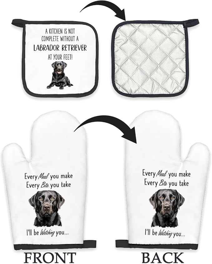 Black Lab Gifts Dog Oven Mitts and Pot Holders Sets, Black Labrador Dog Decor Kitchen Accessories Sets, Complete Without a Labrador Retriever Heat Resistant Oven Glove Potholders for Kitchen
