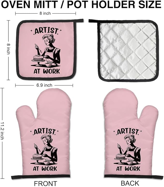 Artist at Work Cute Oven Mitts and Pot Holders Set, Baking Kitchen Tools for Female Bakers Cake Makers, Baking Gifts for Cake Lovers, Retro Humor Oven Mitts for Mom