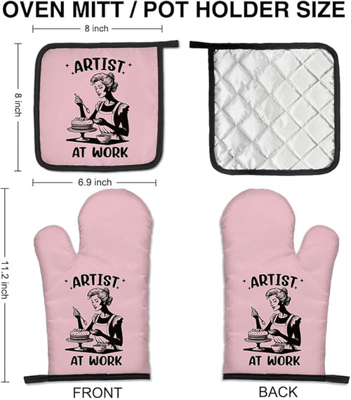 Artist at Work Cute Oven Mitts and Pot Holders Set, Baking Kitchen Tools for Female Bakers Cake Makers, Baking Gifts for Cake Lovers, Retro Humor Oven Mitts for Mom