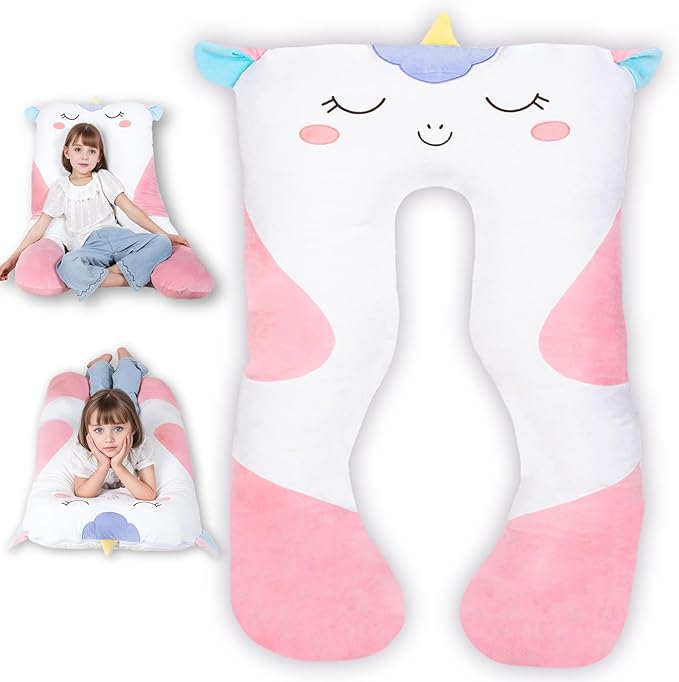 MLdian 47x23 inch U Shaped Long Plush Body Pillows for Kids, Stuffed Animal Unicorn Soft Large Pillow for Sleeping, Big Cute Plushies, Washable Cover, Gift for Boys and Girls