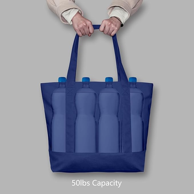 TOPDesign 30-Pack Canvas Tote Bags with an External Pocket, Reusable Grocery Shopping Bags, Top Zipper Closure, Daily Essentials (Blue)