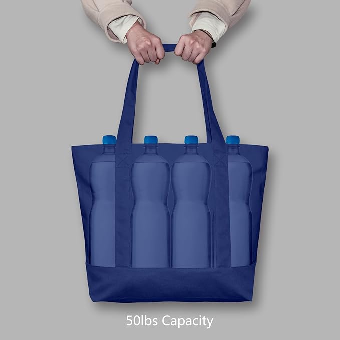 TOPDesign 6-Pack Canvas Tote Bags with an External Pocket, Reusable Grocery Shopping Bags, Top Zipper Closure, Daily Essentials (Blue)