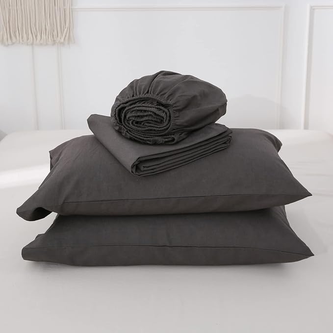Simple&Opulence Belgian Linen Sheet Set Solid Color - 4 Pieces (1 Flat Sheet, 1 Fitted Sheet & 2 Pillowcases) Natural Flax Cotton Blend Soft Breathable Farmhouse Bedding - Queen Size, Dark Grey