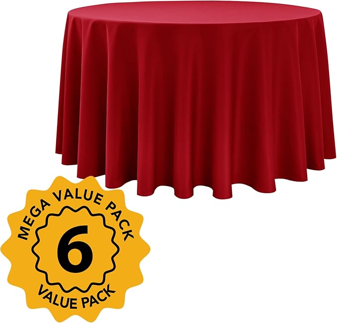 6-Pack Red Round Tablecloths, 120 Inches, Stain-Resistant Polyester for 5-6 Ft Round Tables - Washable Table Covers for Weddings, Banquets, Birthday Parties, Events