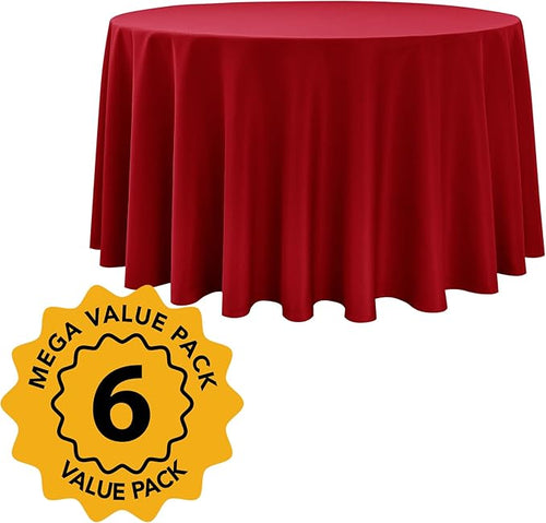 6-Pack Red Round Tablecloths, 120 Inches, Stain-Resistant Polyester for 5-6 Ft Round Tables - Washable Table Covers for Weddings, Banquets, Birthday Parties, Events