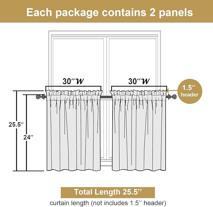 Lecloud Bessie Orange Short Curtains 24 Inch Length 2 Pcs, Faux Linen Kitchen Small Curtains with Rod Pocket, Light Filtering Curtain Tiers Window Treatments for Bedroom Bathroom, Each 30 W x 24 L