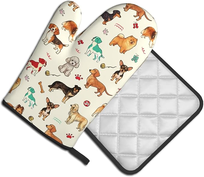 Dog Oven Mitts and Pot Holders Sets 2Pcs,Funny Oven Gloves Potholder Cute Animal Design Kitchen Mitt for Chef Cooking Baking Housewarming