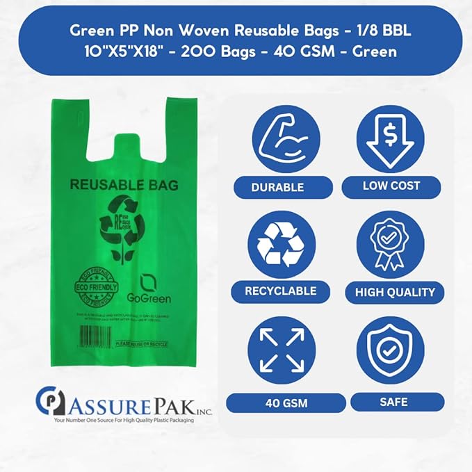 ASSUREPAK Green PP Non Woven Reusable Bags - 200 Bags - 1/8 BBL 10"X5"X18" - 40 GSM - Green -10518GRNPPNWRB40