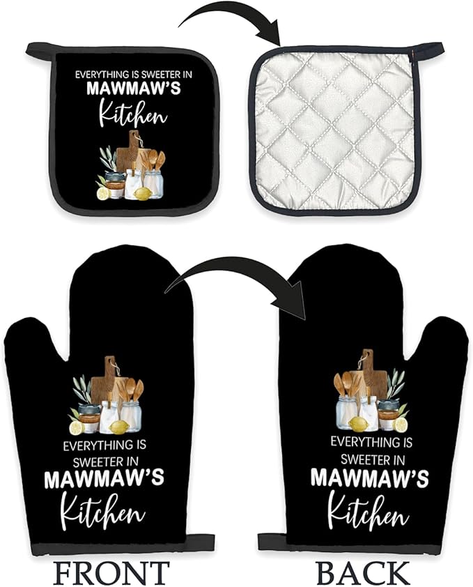 Mawmaw Gifts Oven Mitts and Pot Holders Sets, Gifts for Mawmaws Grandma Kitchen Accessories Sets, Sweeter in Mawmaw’s Kitchen Heat Resistant Oven Glove Potholders for Cooking Baking
