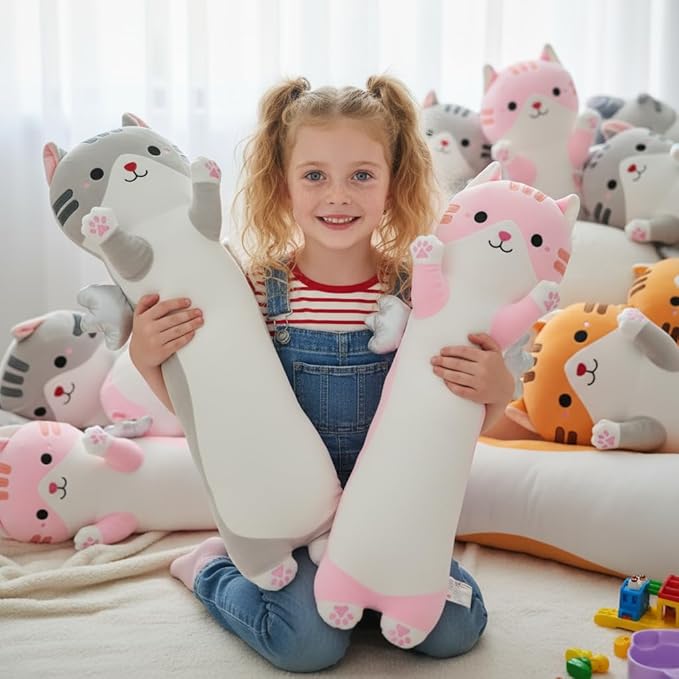Long Cat Plush Pillow, Cute Cat Stuffed Animal Body Pillow with Wings, Soft Kawaii Kitty Hugging Pillow, Christmas Valentine's Birthday Gift for Kids Girls Boys (Gray, 60cm/23.62in)