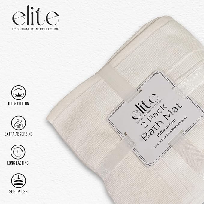 ELITE Emporium Home Collection 2-Piece Cotton Bathroom Mat Set, 21" x 34" - 100% Cotton, Absorbent, Quick-Dry, Bath Towel Mats for Floor, White [Not a Bathroom Rug]