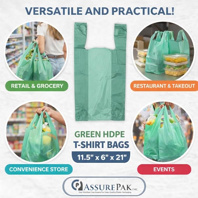 ASSUREPAK Easy Open - 1000 Bags- Colored Unprinted HDPE T-Shirt Bags - 1/6 BBL 11.5"X6"X21"- 13 microns - Green - Perfect for Groceries, Shopping and Retail Stores LOOP-GREEN-EO
