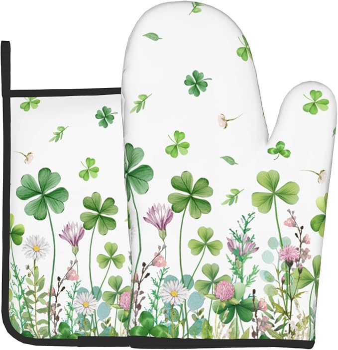 Shamrock Green Oven Mitts and Pot Holders 2Pcs, Spring Green Leaf Daisy Floral Chef Cooking Baking Gifts Oven Gloves Hot Pads Farmhouse Kitchen Accessories for BBQ Cooking Baking