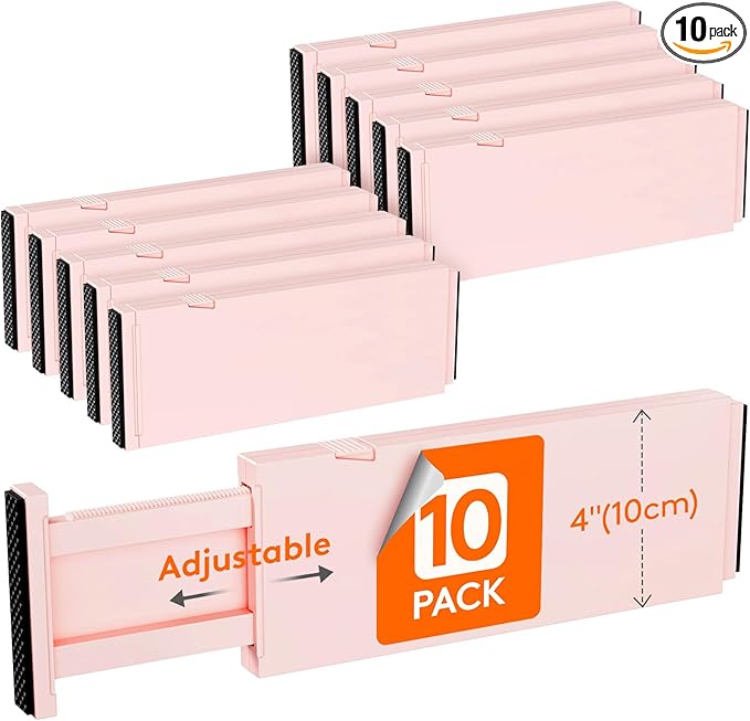 Lifewit 10 Pack Drawer Dividers Plastic 4" High, 11-17" Adjustable Drawer Organizers for Clothes, Expandable Dresser Separators in Bedroom/Bathroom/Kitchen/Office Organization and Storage, Pink