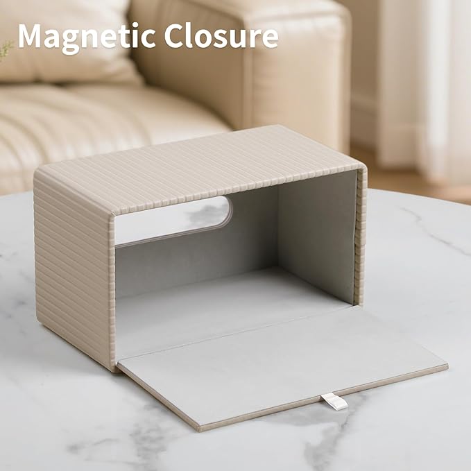 MEIBOOCH Extra Large Tissue Box Cover for Standard Size 180 to 230 Count Box of Tissues, PU Leather Rectangle Tissue Holder with Magnetic Closure (Beige)