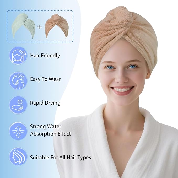 AGKXHDEC 2 Packs Single Layer Microfiber Hair Turbans - Drying Wrap for Women (Brown,Light Green)