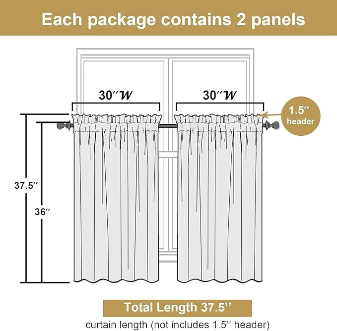 Lecloud Bessie Hunter Green Kitchen Curtains 36 Inch Length 2 Panels, Classic Faux Linen Cafe Short Curtains, Rustic Airy Tiers Window Treatments for Living Room Laundry Room, Each 30" W x 36" L