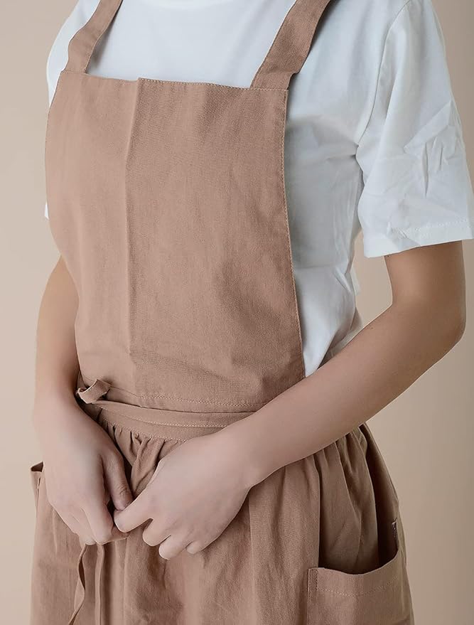 Japanese apron Women-Cross Back Apron for Women with Pockets, Pinafore Aprons, Womens Cotton Linen Apron