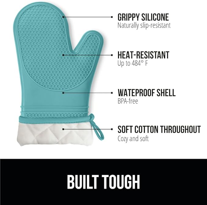 GORILLA GRIP BPA-Free Soft Silicone Oven Mitts, Heat Resistant and Waterproof Cooking Gloves, Thick Cotton Lining, Flexible Gripping for Baking Grilling, Kitchen Potholders Set, 12.5x8.3, Turquoise