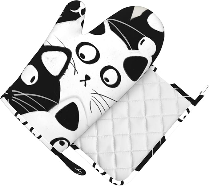 Funny Cat Oven Mitts and Pot Holders Sets, Home Silicone Heat Resistant BBQ Gloves for Kitchen Baking Cooking Grilling Microwave