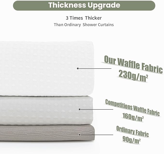 Inhousolu Fabric Shower Curtain Waffle Weave, 230 GSM Heavy Duty, Weighted Hem, 14 Metal Hooks, Water Repellent, Machine Washable, Hotel Spa Luxury Bath Curtain Set, 72 x 78 Inch, White