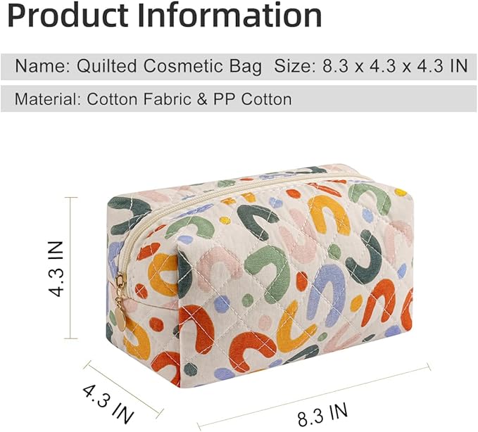 Gleyemor 2 Pieces (Large + Small) Quilted Makeup Bag, Cute Floral Cosmetic Bag for Women, Travel Toiletry Cotton Bag Tote Bag Organizer (Colorful U)