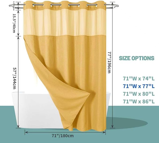 eachope Gold No Hook Waffle Weave Shower Curtain with snap-in Liner Replacement, 230GSM Waterproof Fabric Hotel Shower Curtain Set for Bathroom, Through Mesh Top Window,71Wx77H