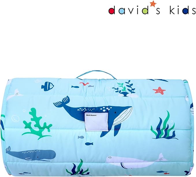 david's kids Toddler Nap Mat Set with Removable Pillow, Ultra Soft Slumber Bags for Boys Girls，Perfect for Preschool, Daycare, Kids Sleeping Bags with Rollup Design, 50"x20", Ocean Animals Light Blue