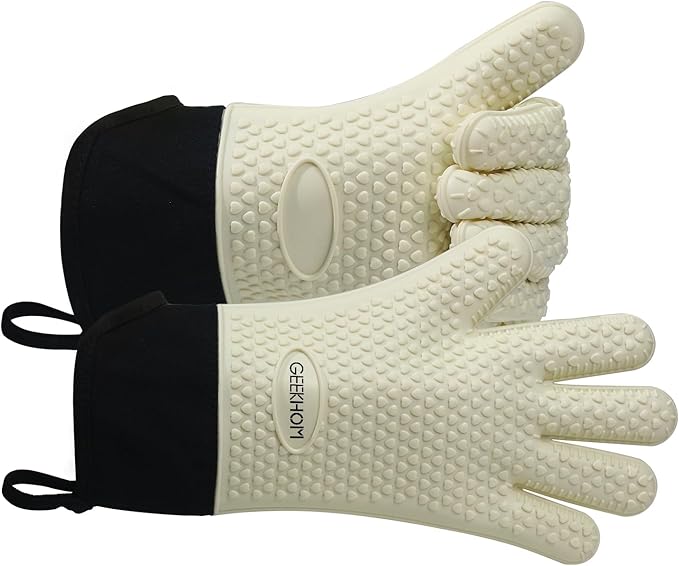 GEEKHOM BBQ Gloves Heat Resistant Oven Mitts - Silicone Grilling Gloves with 14" Long Arm Protection - Waterproof Pot Holder Non-Slip for Men & Women, Kitchen Cooking, Baking, Camping, Beige
