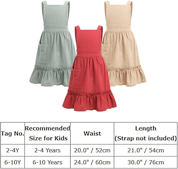 IWEMEK Kids Aprons for Girls Cooking Child Cotton Linen Apron Dress with Pockets Art Baking Gardening Painting Apron Pinafore