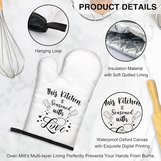 This Kitchen is Seasoned with Love Funny Oven Mitts and Pot Holders Set, Kitchen Baking Grill Microwave Gadgets, Sweet Housewarming Gifts, Birthday Gifts for Women, Men, Hostess, BBF