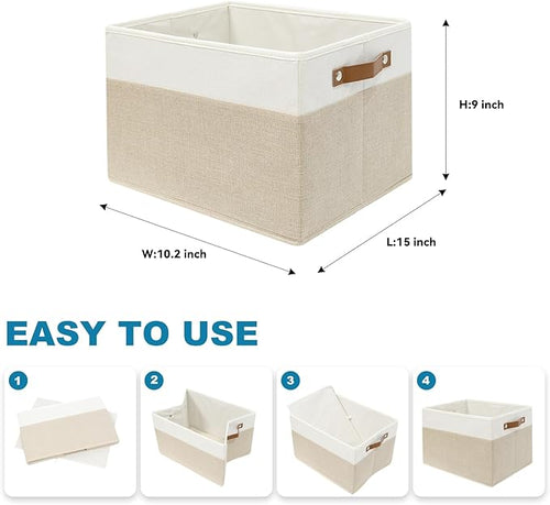 6 Pack Fabric Storage Baskets for Shelves, Closet Storage Bins for Shelves, Fabric Baskets for Organizing with Handles for Home and Office (White with Beige,15"L*10.2"W*9"H)