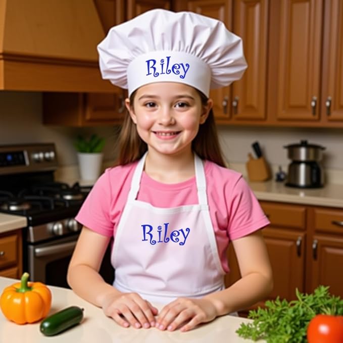 Made in the USA Personalized Embroidered Premium Child Apron and Chef Hat for Kids Girls Boys Fun in the Kitchen Gift (Add a Name Set, Long with hat)