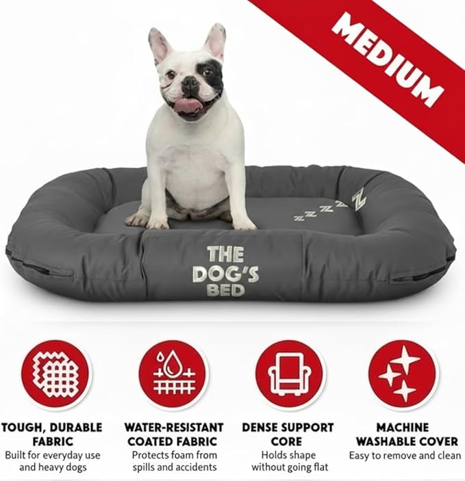 The Dog’s Bed Utility Waterproof Dog Bed, Medium, Grey – Durable Outdoor Oxford Fabric, Tough YKK Zippers, Washable Removable Reversible Cover, for Home Car Crate Kennel & Yard